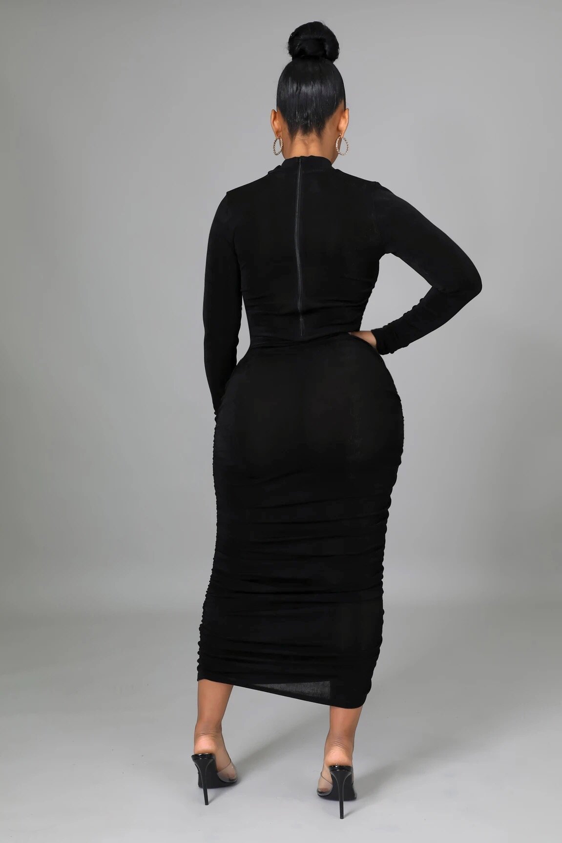 Yara Long Sleeve Ruched Midi Dress Black - Ali’s Couture