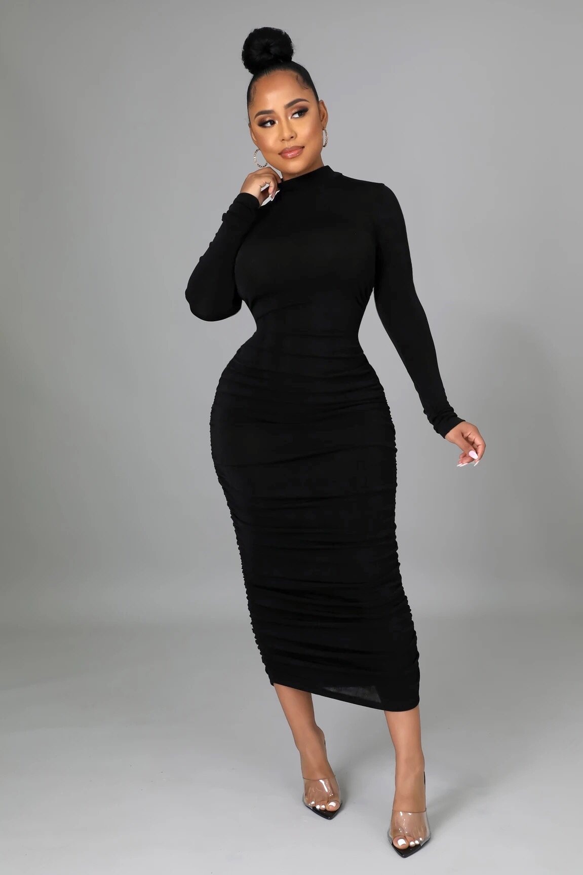 Yara Long Sleeve Ruched Midi Dress Black - Ali’s Couture