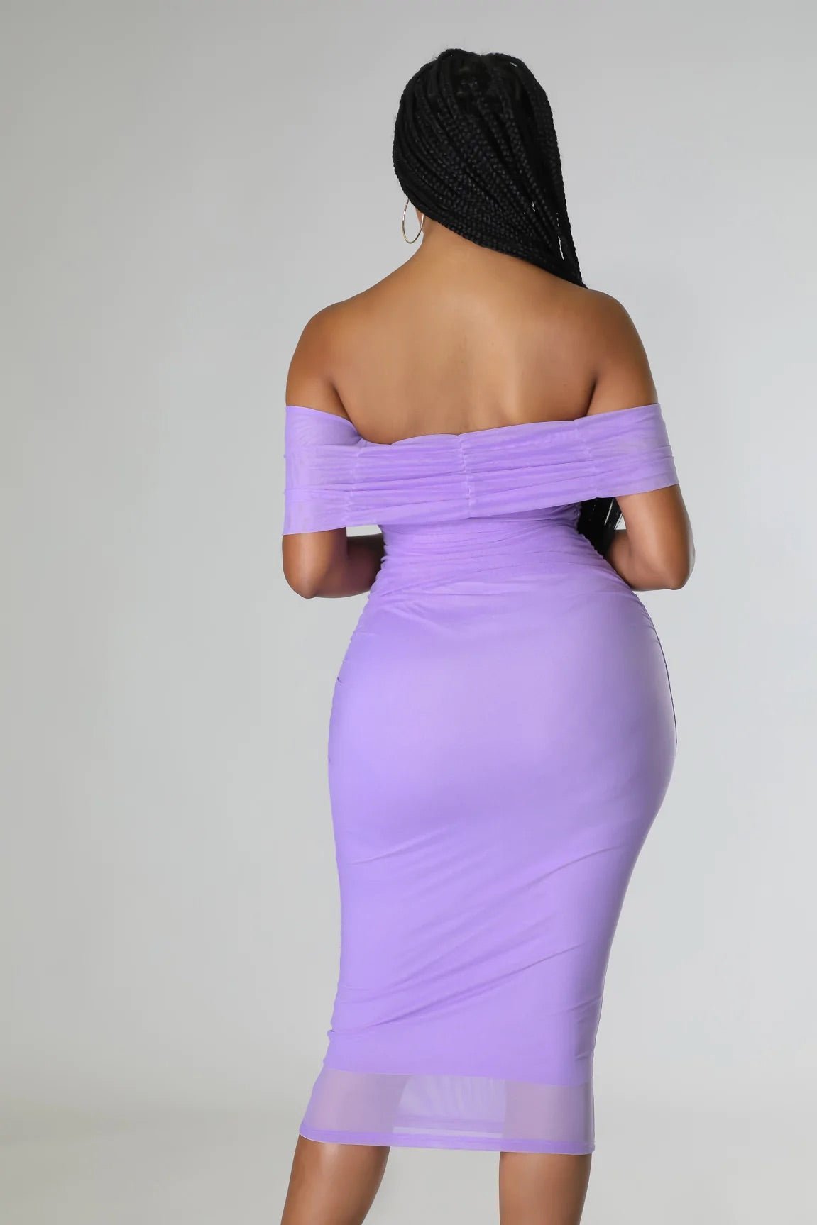 Ysabelle Off The Shoulder Ruched Midi Dress Lilac - Ali’s Couture