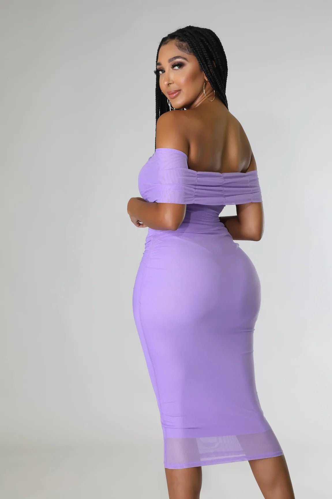 Ysabelle Off The Shoulder Ruched Midi Dress Lilac - Ali’s Couture