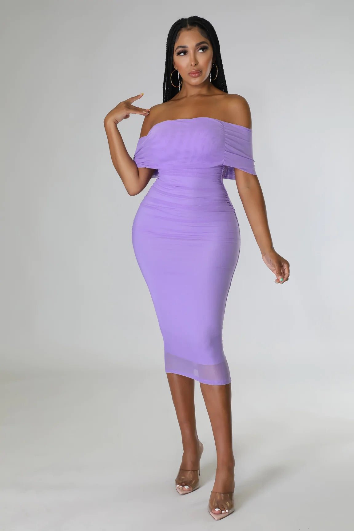 Ysabelle Off The Shoulder Ruched Midi Dress Lilac - Ali’s Couture