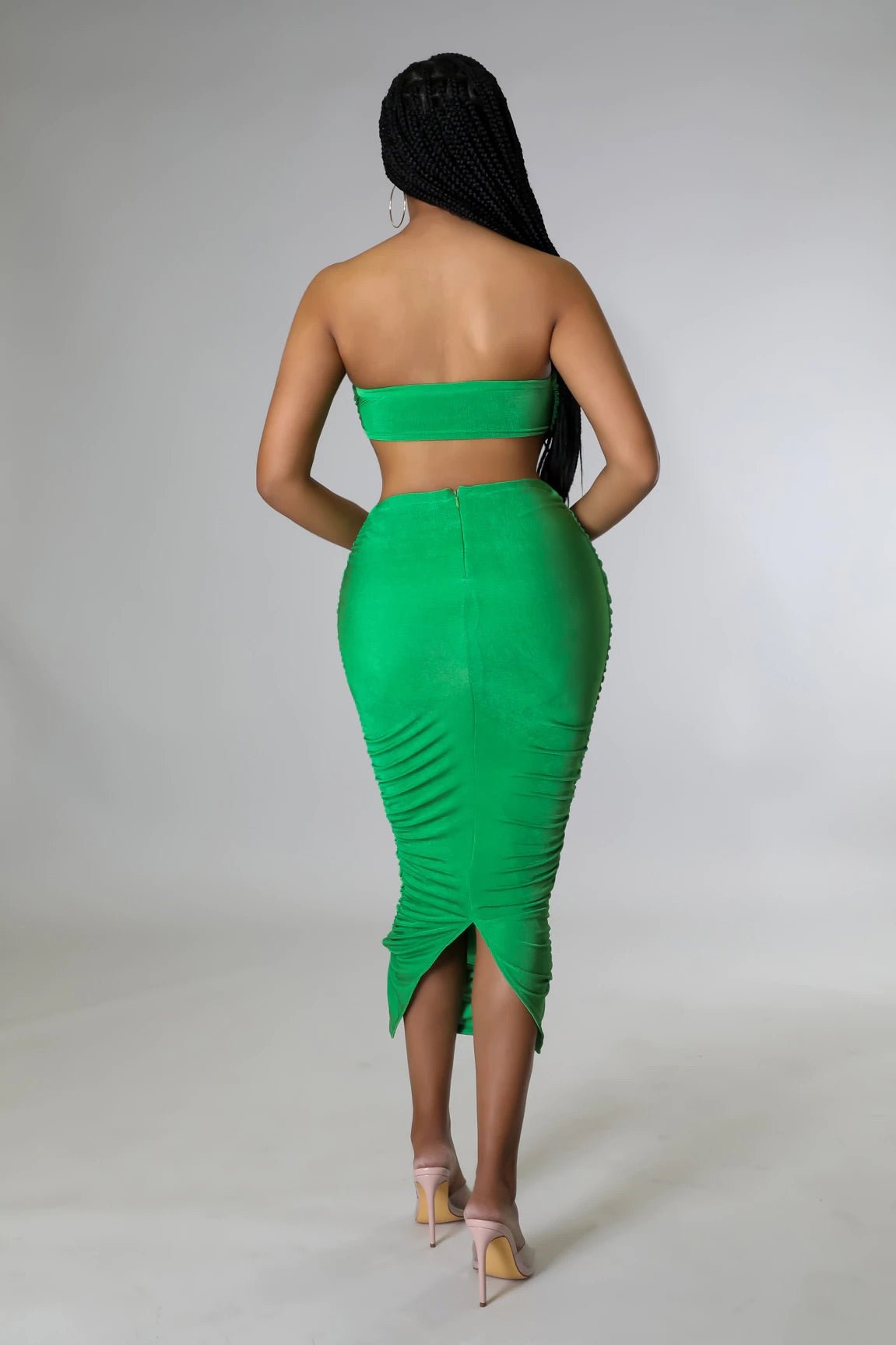 Zarafina Strapless Ruched Midi Dress Green - Ali’s Couture