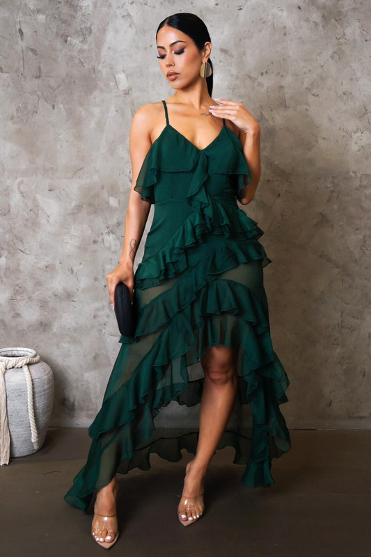 Sierrra Ruffle Maxi Dress Hunter Green - Ali’s Couture 