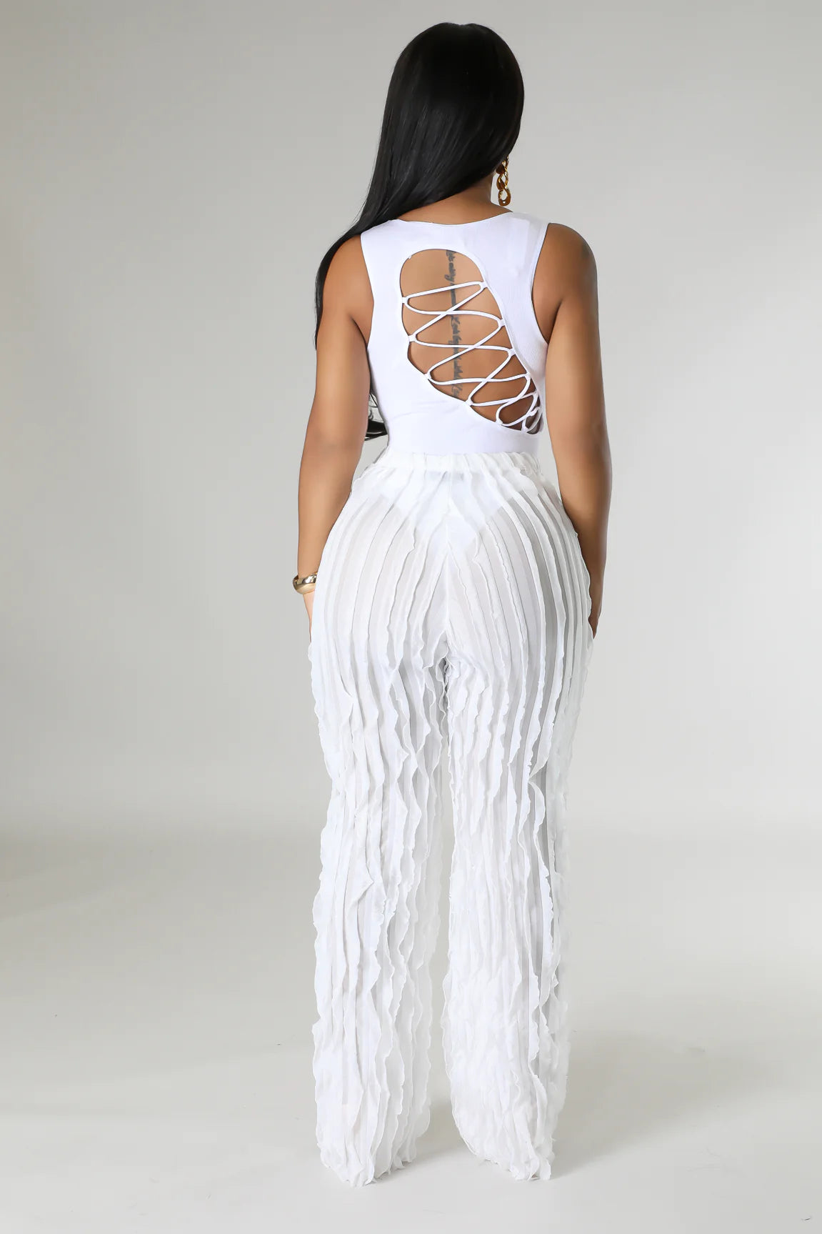 Ruffle Up High Waisted Pants White - Ali’s Couture 