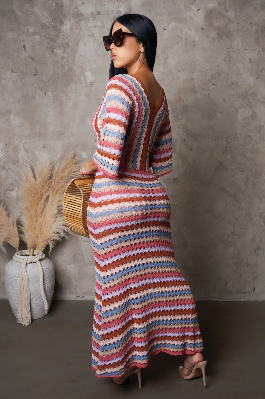 Karissa Crochet Knit Midi Dress Multi Pink - Ali’s Couture 
