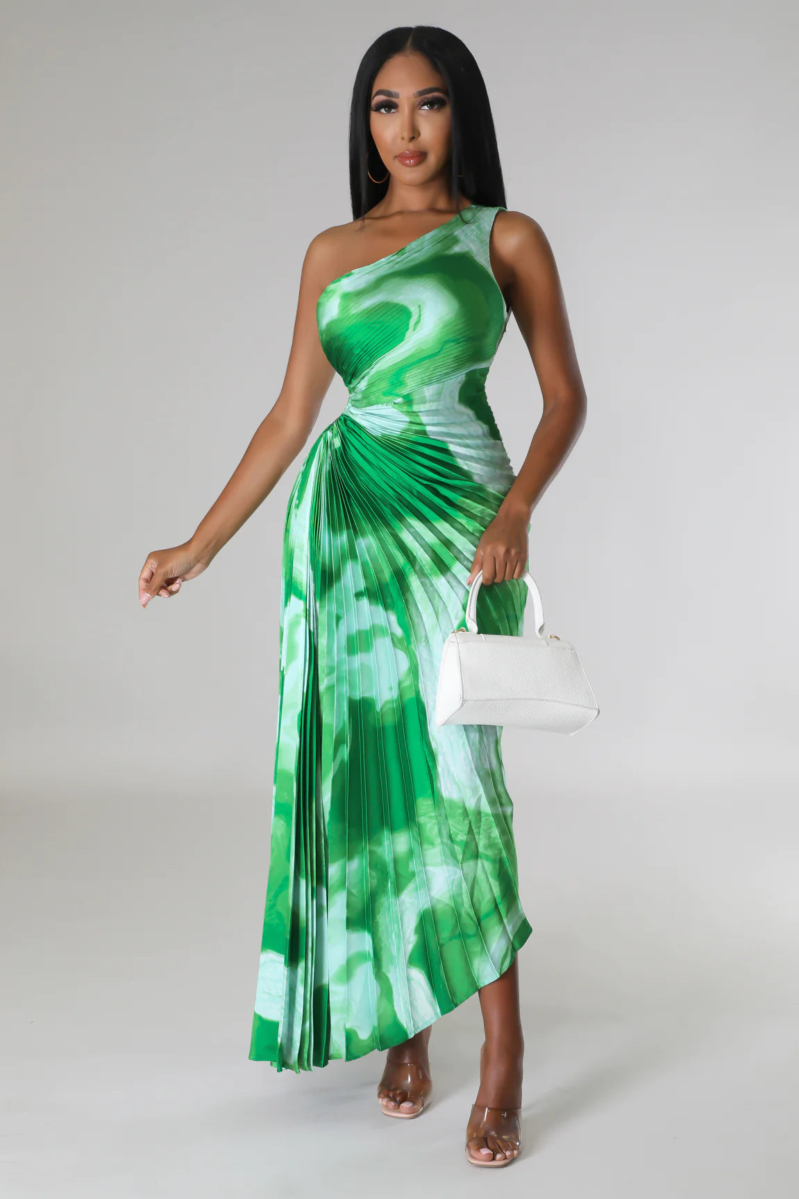 Monae One Shoulder Pleated Midi Dress Multi Green - Ali’s Couture 