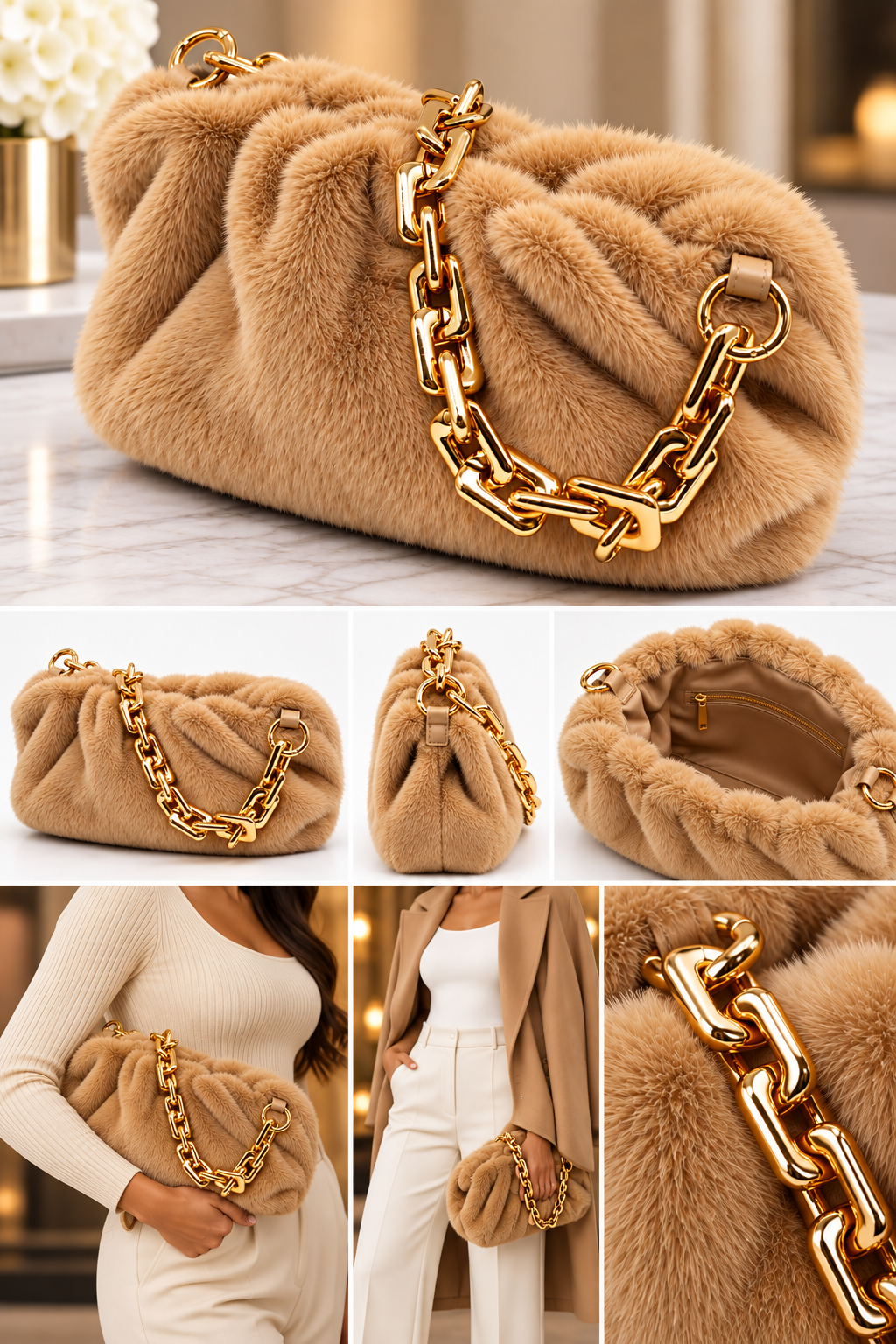 Fara Designer-Inspired Faux Fur Gold Chain Handbag Camel - Ali’s Couture