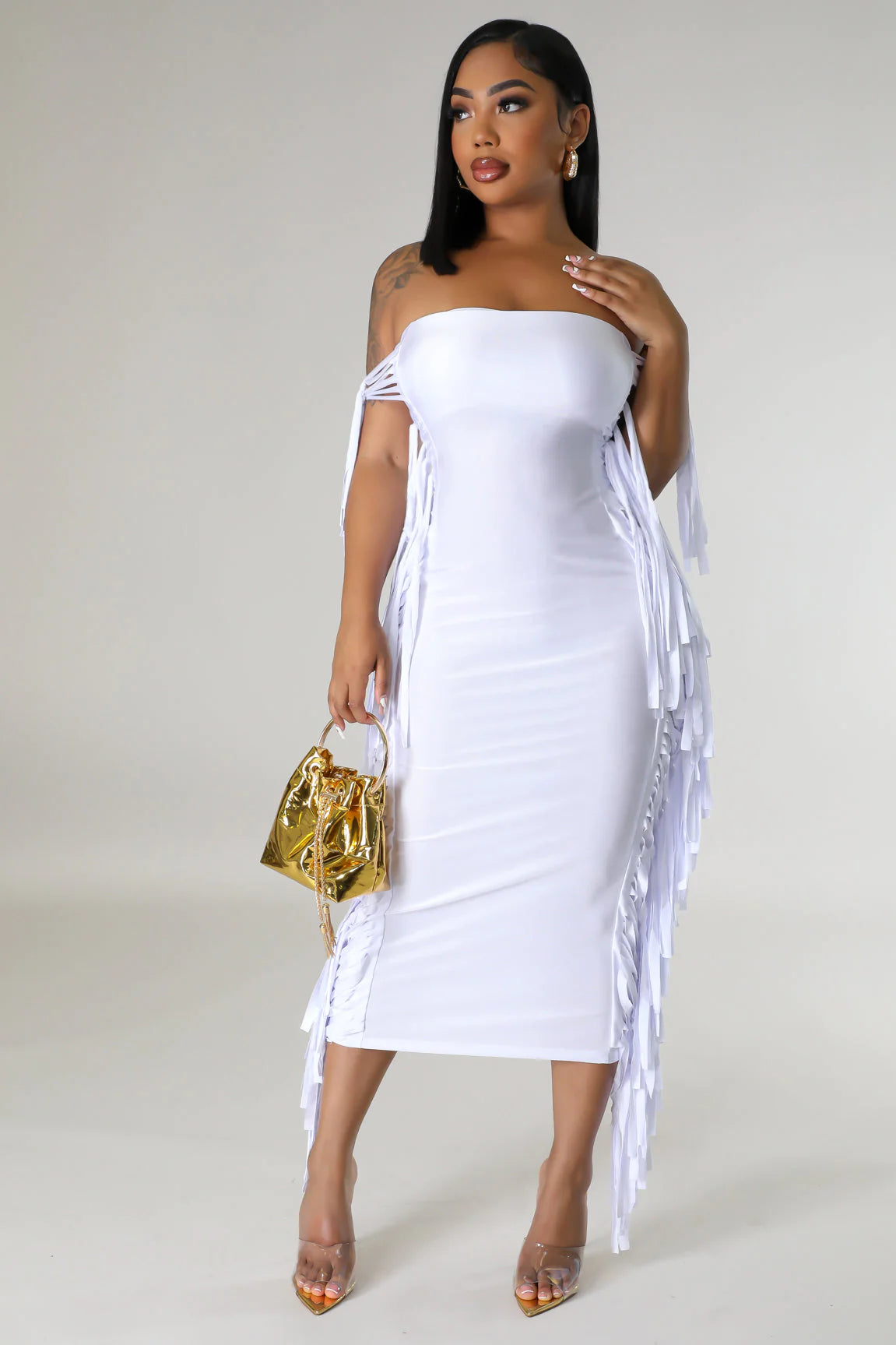 Zena Fringe Tube Midi Dress White - Ali’s Couture 