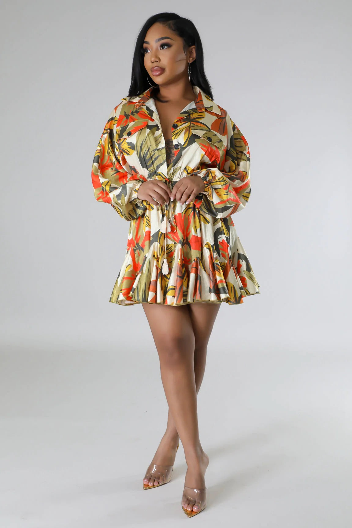 Dupree Silky Leaf Print Mini Dress Multi Orange - Ali’s Couture 