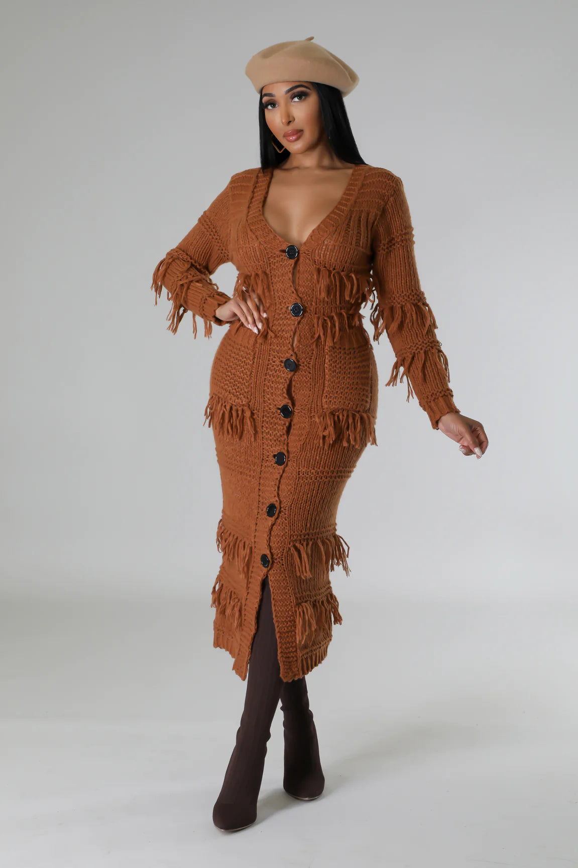 Womack Fringe Midi Dress Rust - Ali’s Couture 
