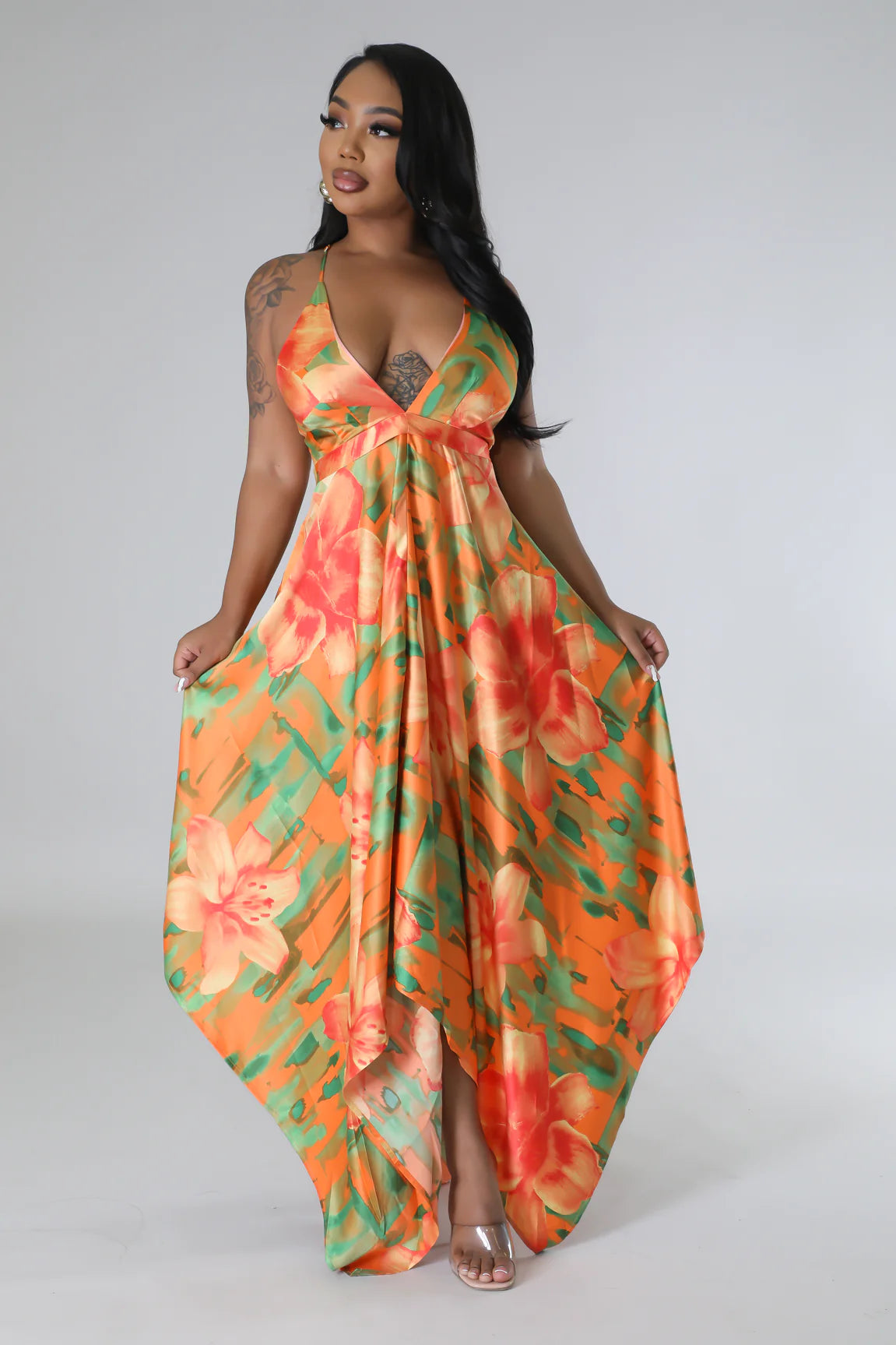 By The Sea Floral Satin Midi Dress Multi Orange - Ali’s Couture 