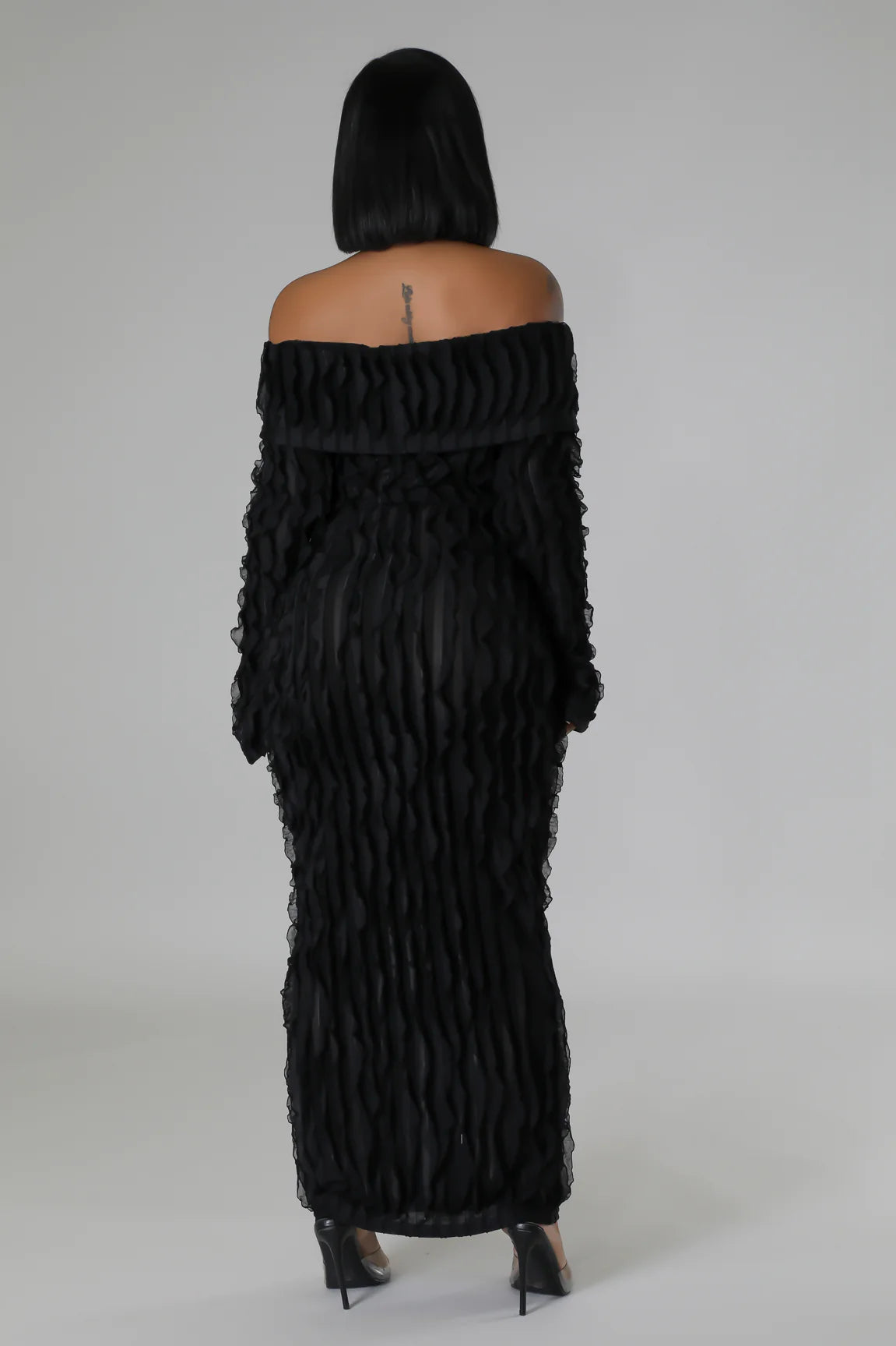Kaia Sheer Ruffle Midi Dress Black - Ali’s Couture 