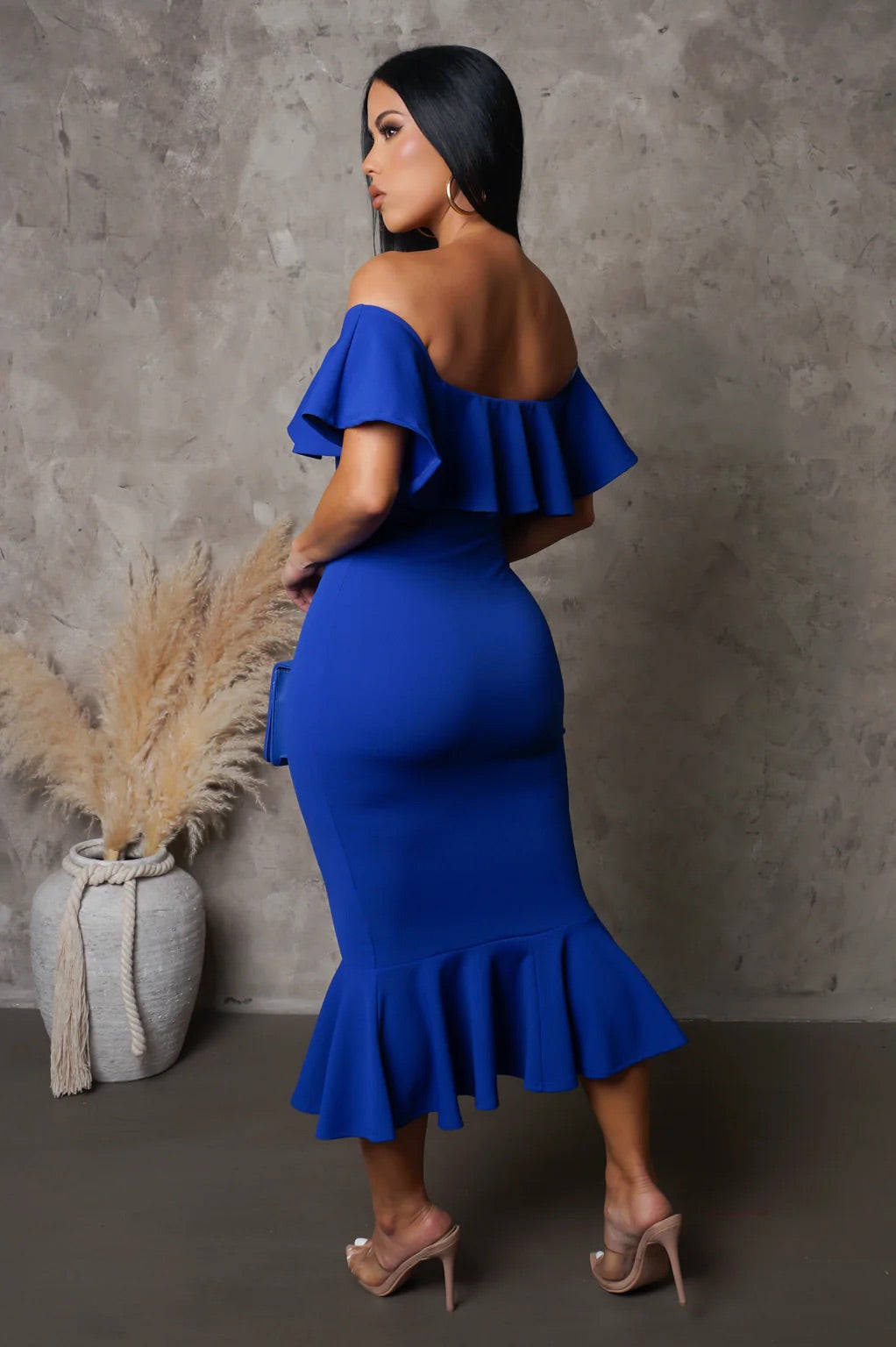 Classical Love Off The Shoulder Midi Dress Blue - Ali’s Couture 