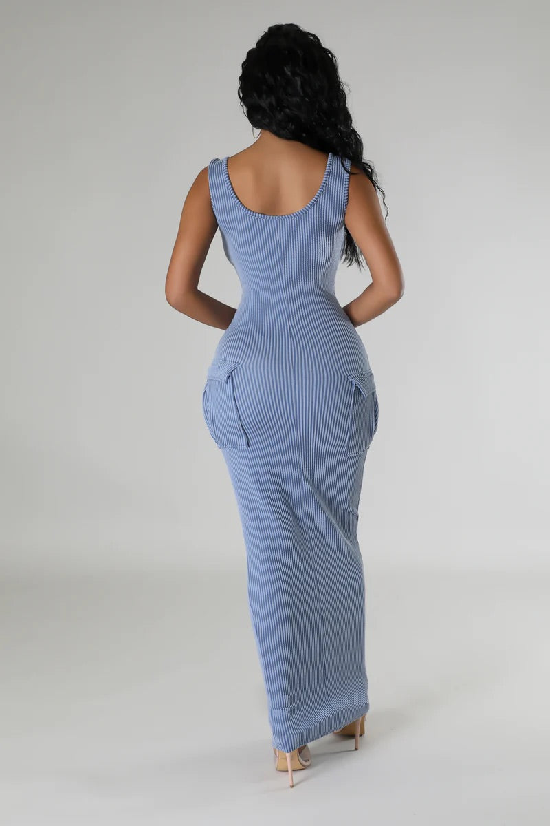 Finding Comfort Ribbed Midi Dress Denim Blue - Ali’s Couture 