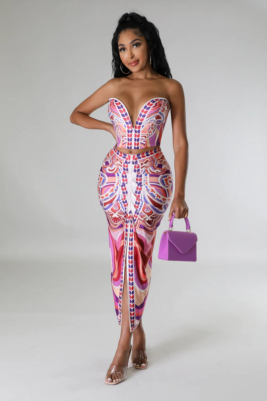 Ranae Strapless Printed Skirt Set Multi Red - Ali’s Couture 