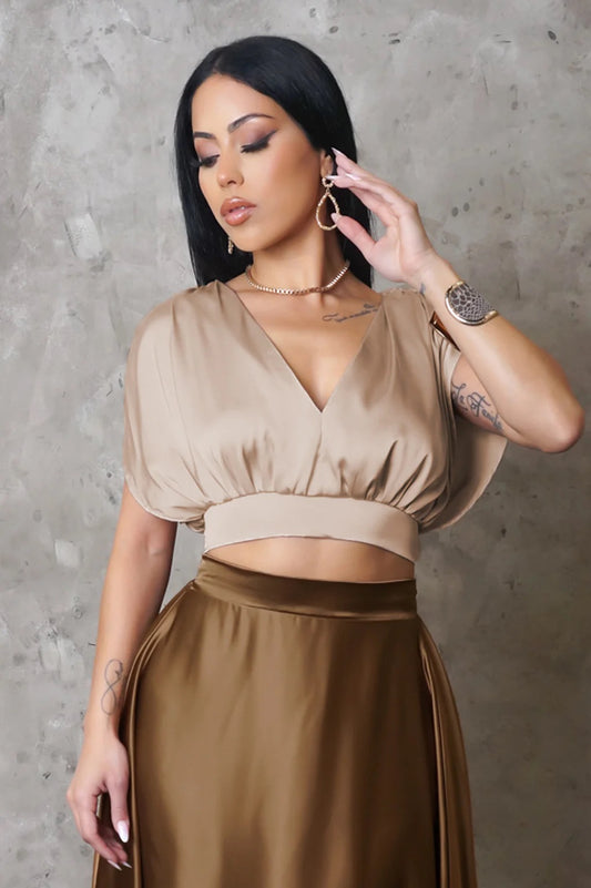 Tiffy Silky V-Neck Crop Top Champagne - Ali’s Couture 