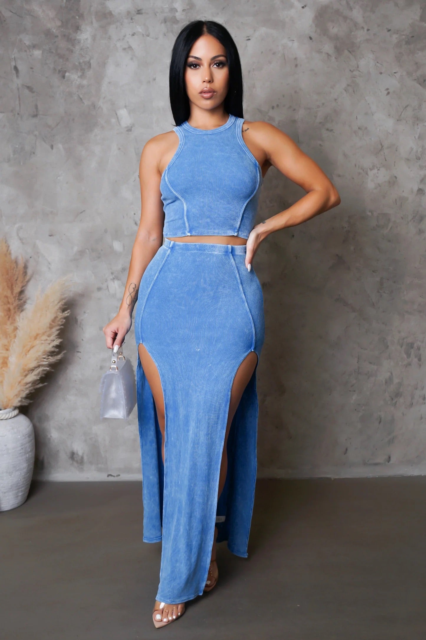 Shaina Ribbed Skirt Set Blue - Ali’s Couture 
