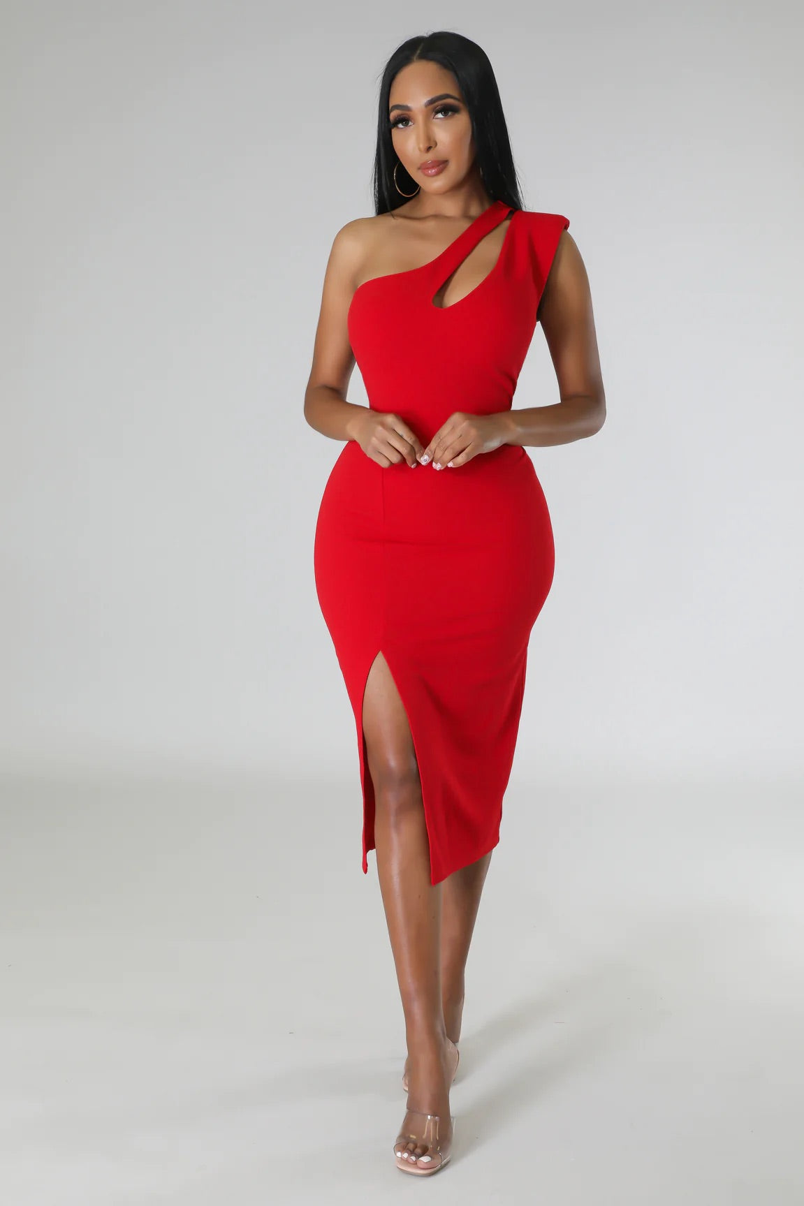 All That Class One Shoulder Midi Dress Red - Ali’s Couture 