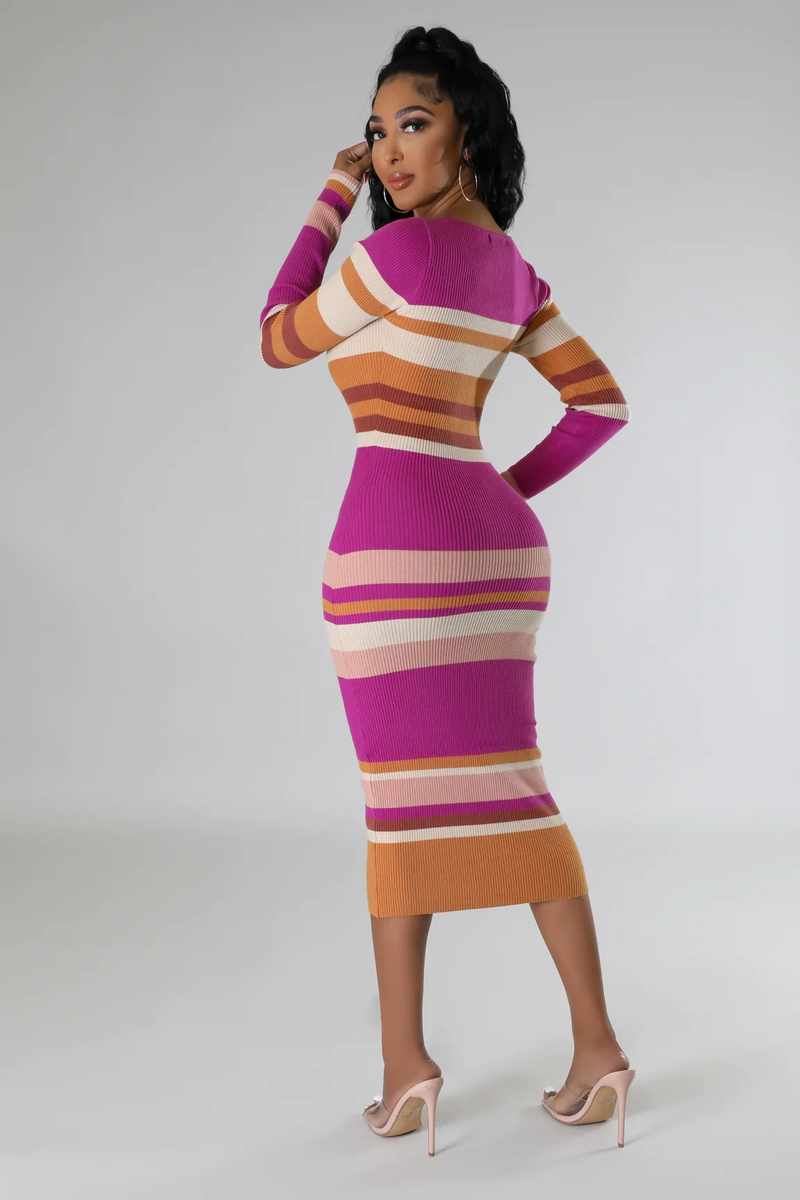 Fall In Line Striped Midi Dress Multi Magenta - Ali’s Couture 