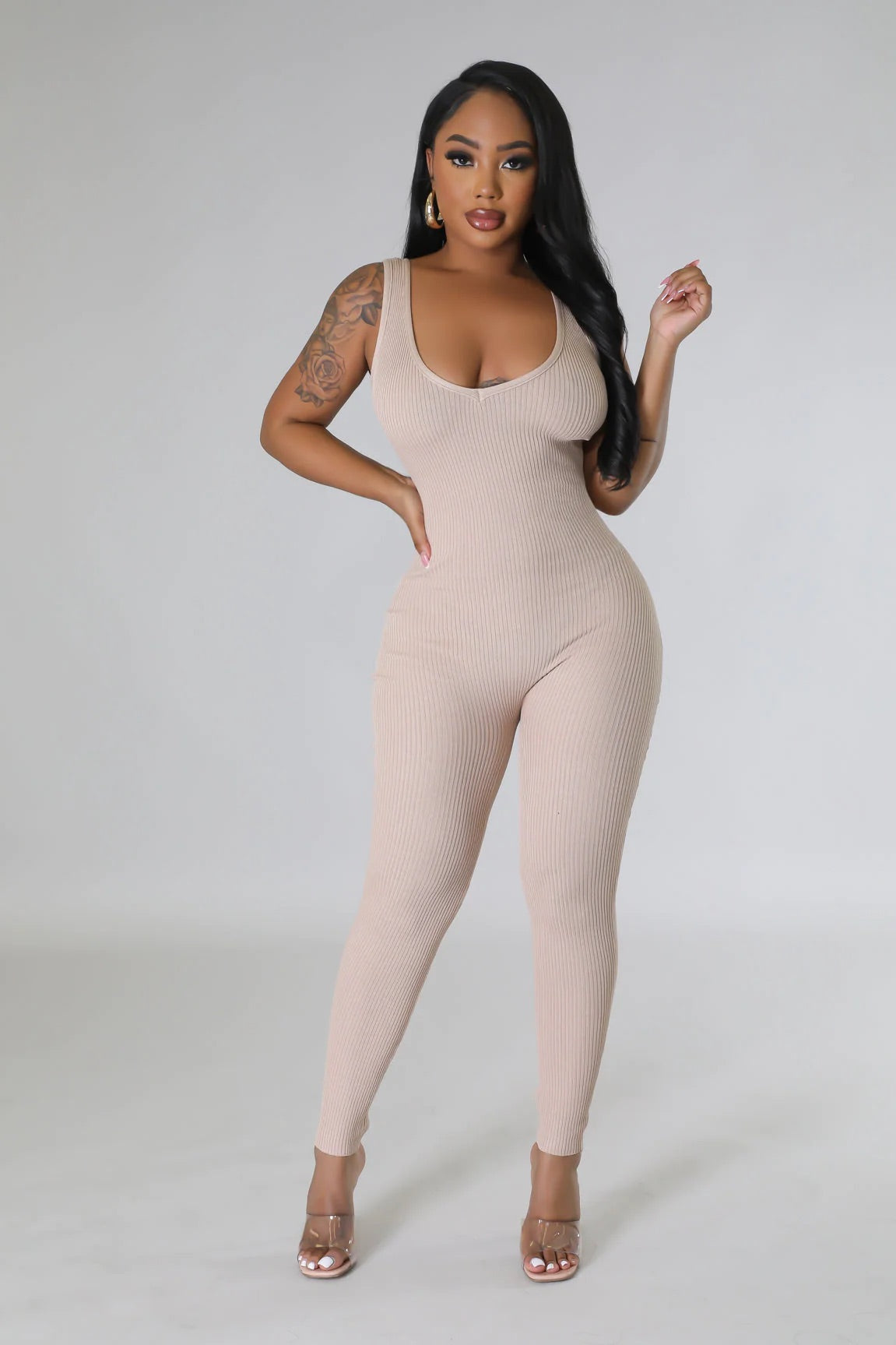 Dovie Ribbed Jumpsuit Taupe - Ali’s Couture 