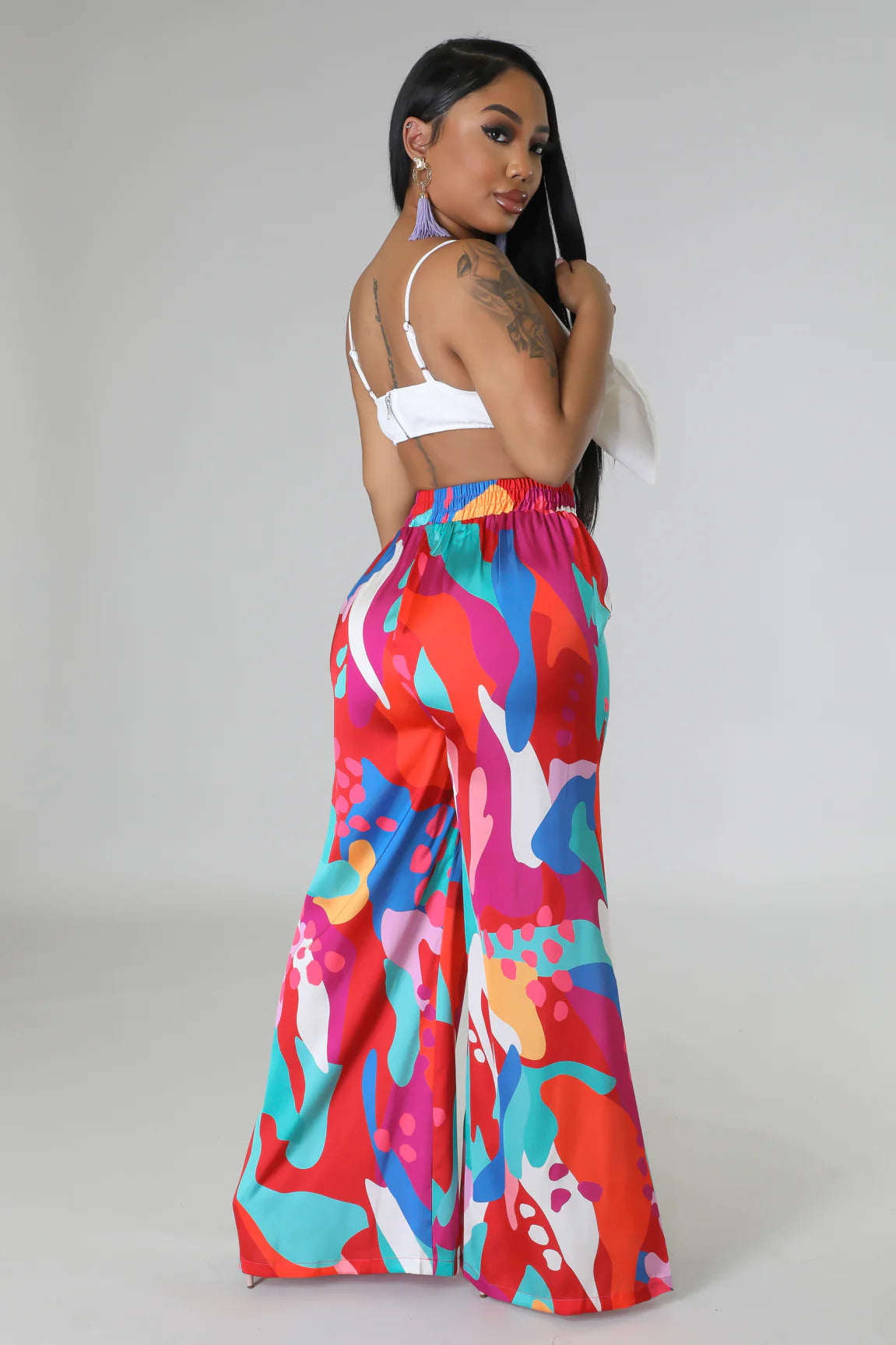 Coral Reef Satin High Waisted Pants Multi Red - Ali’s Couture 