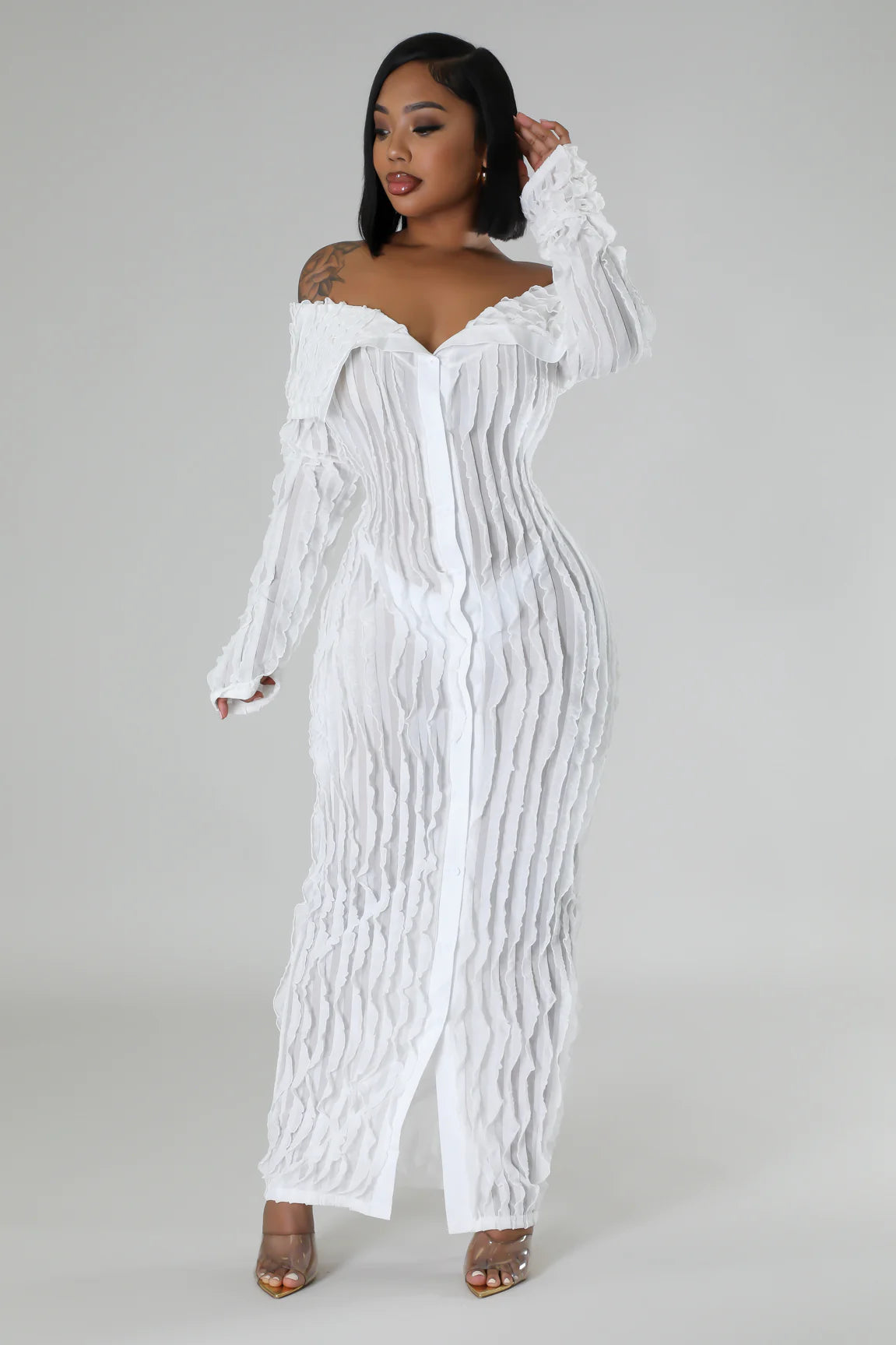 Kaia Sheer Ruffle Midi Dress White - Ali’s Couture 