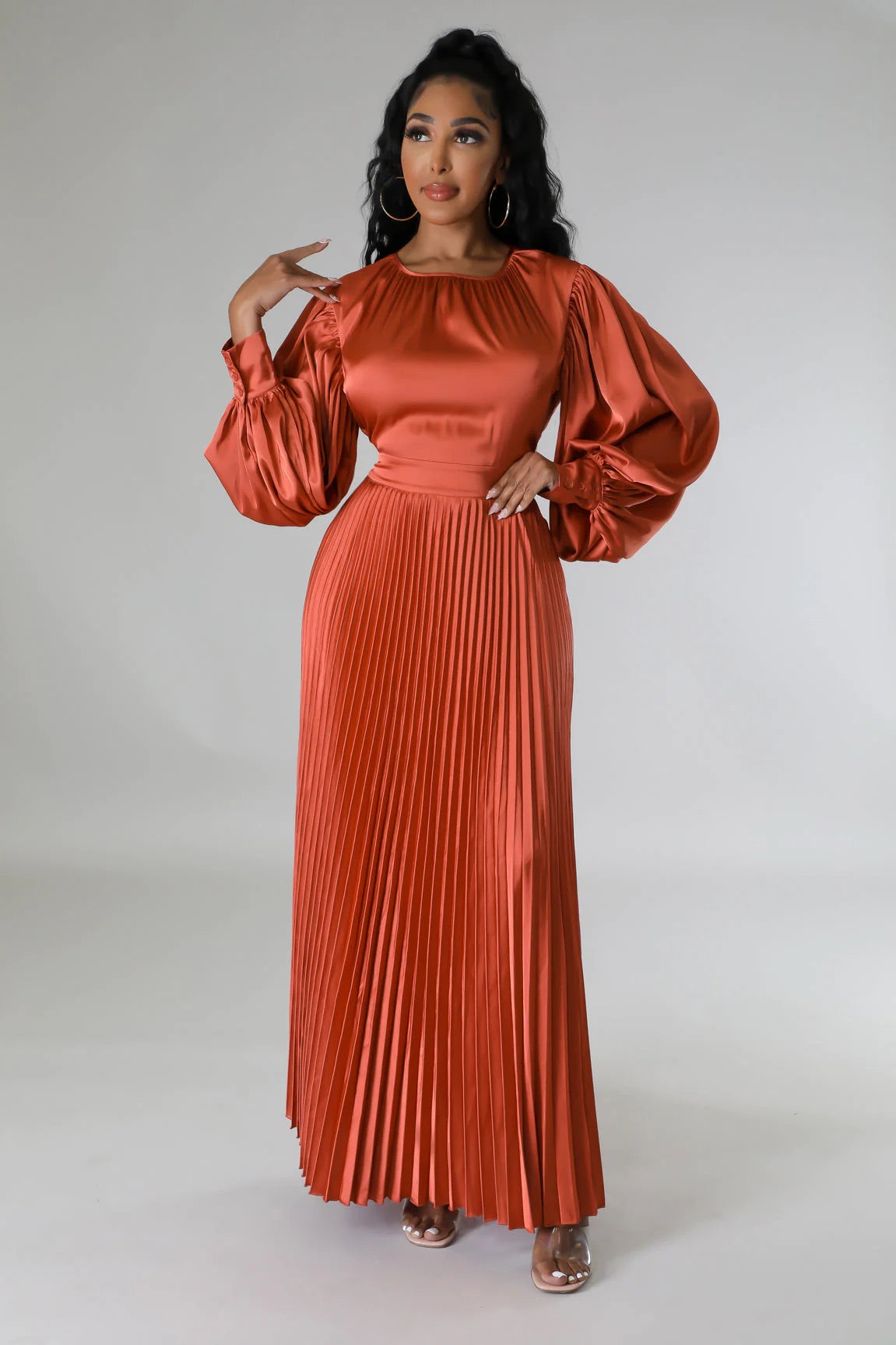 Endless Romance Satin Pleated Maxi Dress Rust