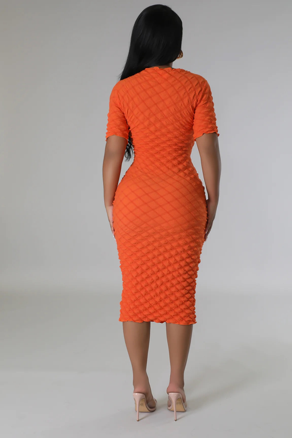 Bubbly Moment Textured Midi Dress Orange - Ali’s Couture 