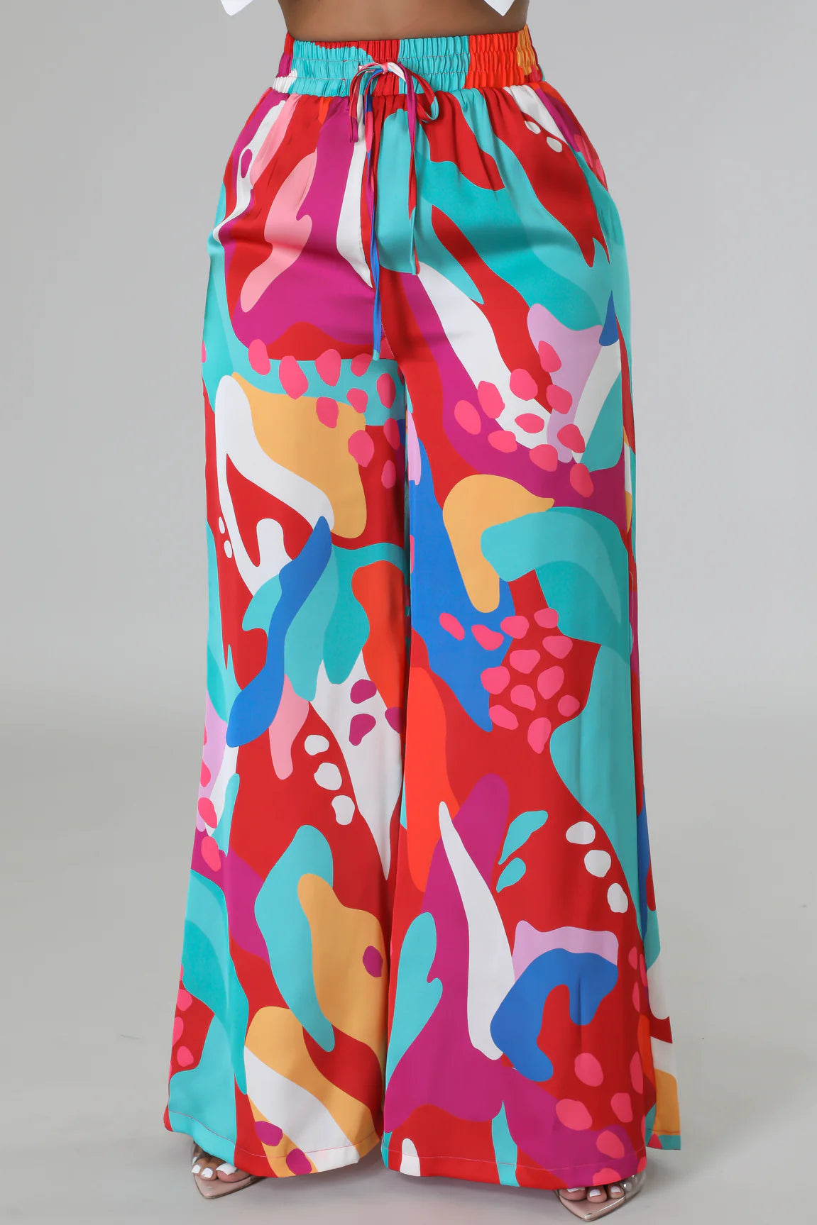 Coral Reef Satin High Waisted Pants Multi Red - Ali’s Couture 