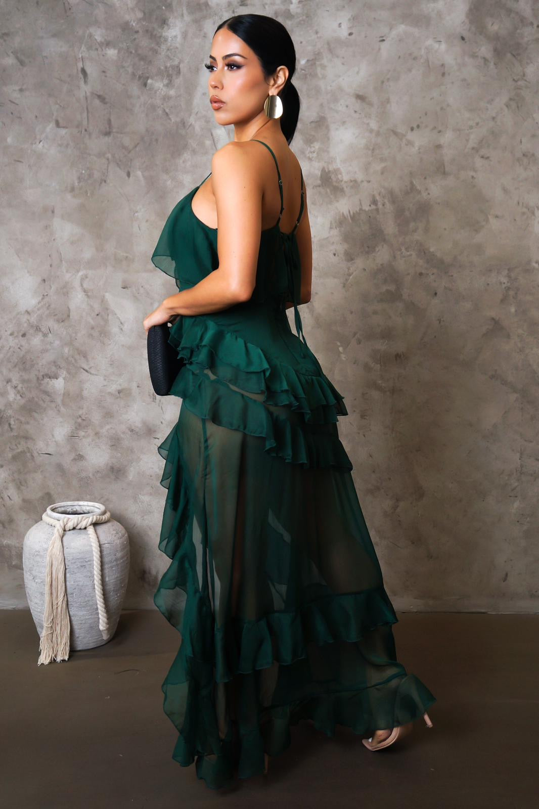 Sierrra Ruffle Maxi Dress Hunter Green - Ali’s Couture 