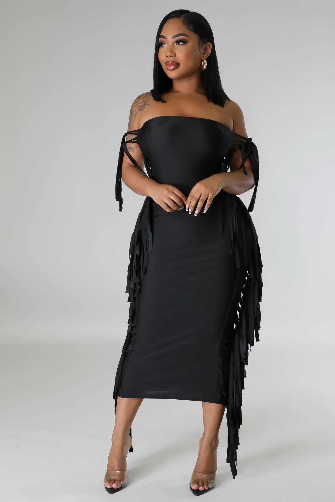 Zena Fringe Tube Midi Dress Black - Ali’s Couture 
