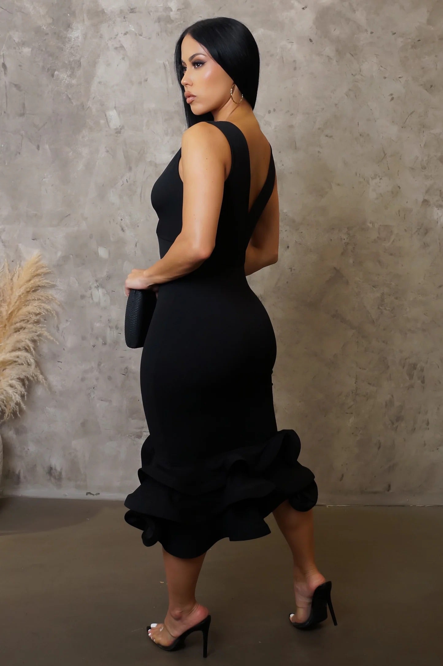 Yvanna Ruffle Hem Midi Dress Black - Ali’s Couture 