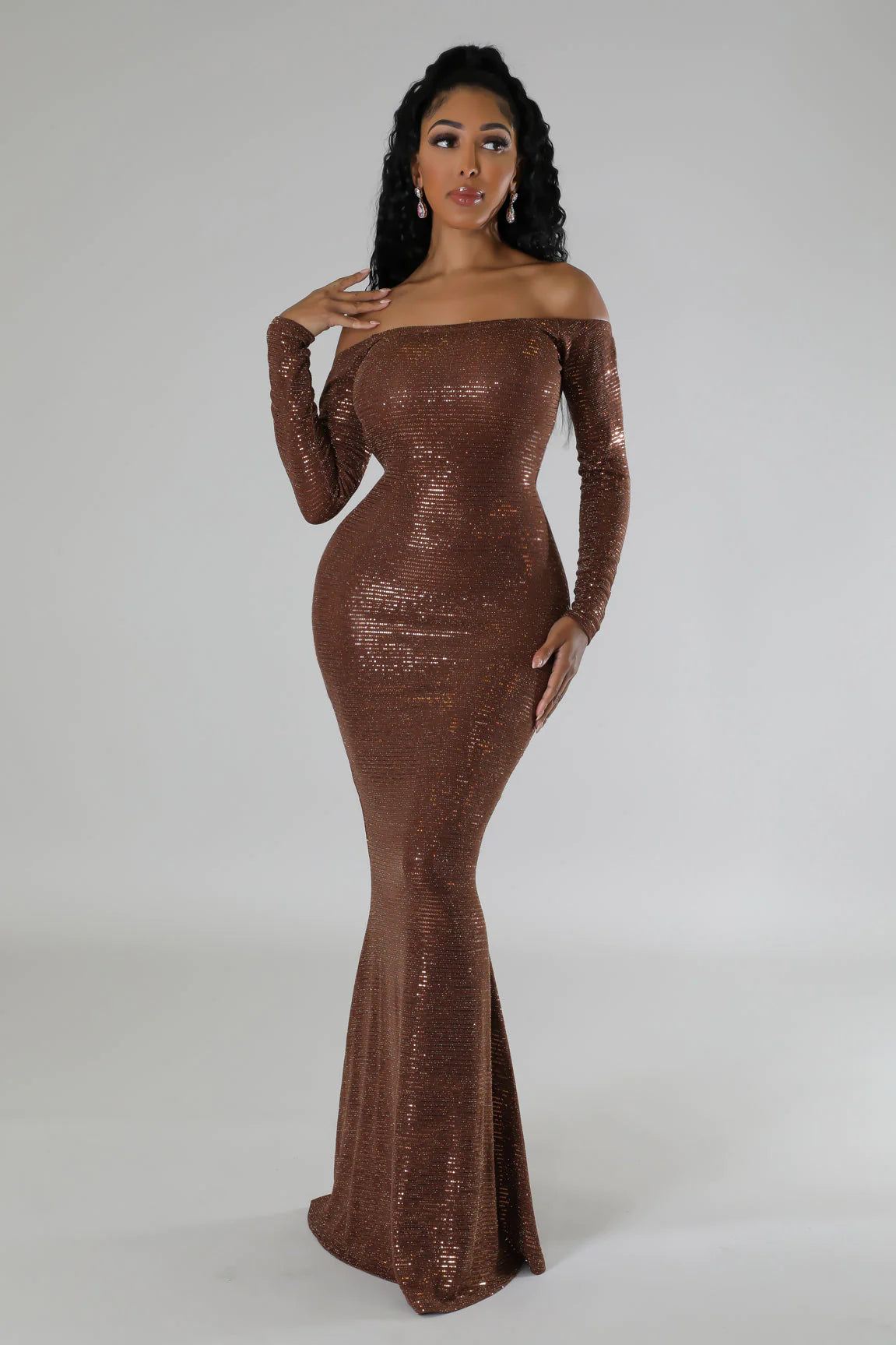 Zarah Off The Shoulder Sequin Maxi Dress Brown - Ali’s Couture 