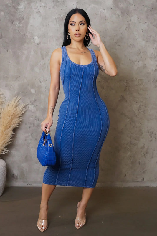 Nala Ribbed Midi Dress Blue - Ali’s Couture 