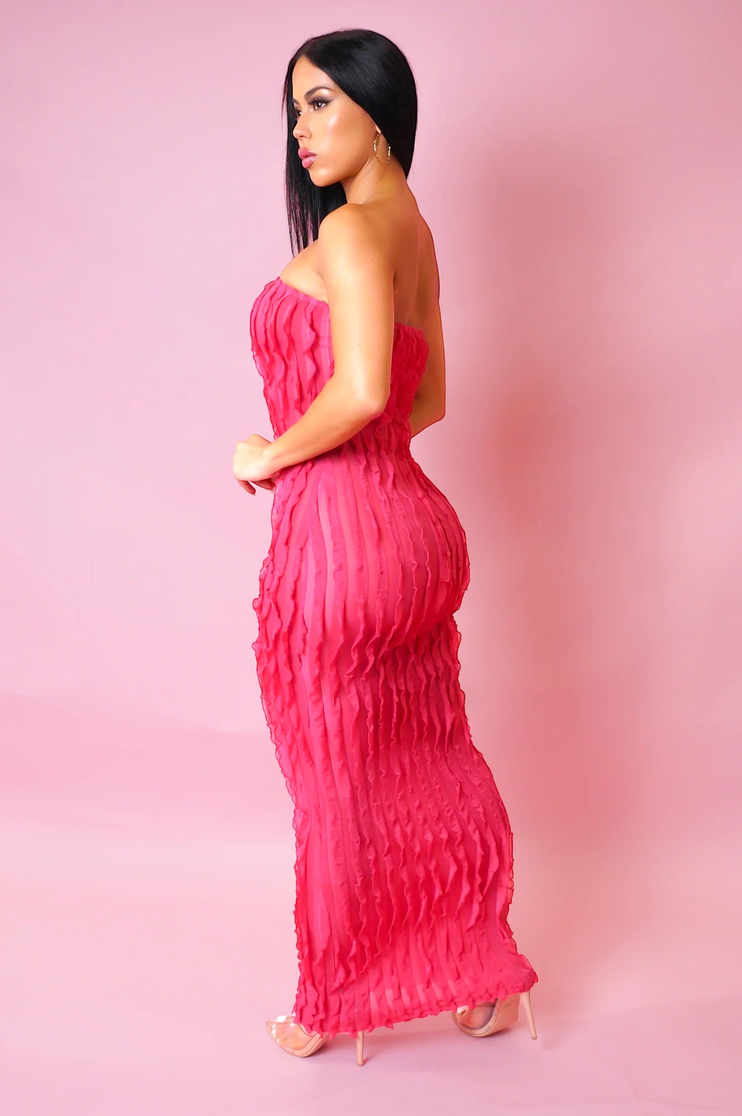 Ariella Strapless Ruffle Midi Dress Pink - FINAL SALE - Ali’s Couture 