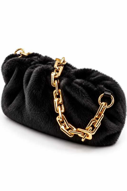 Fara Designer-Inspired Faux Fur Gold Chain Handbag Black - Ali’s Couture