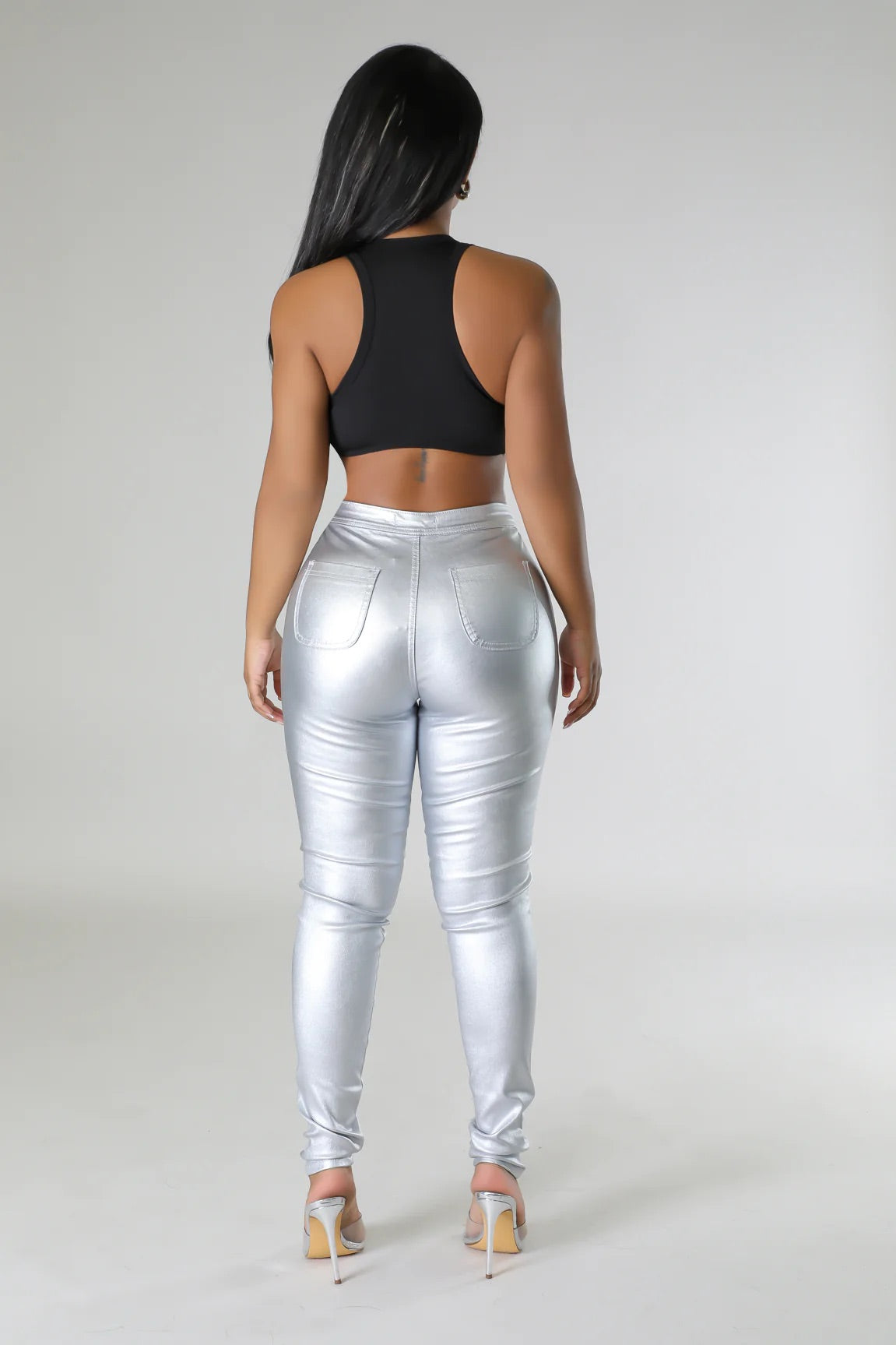 Glitzy Metallic Faux Leather Pants Silver - Ali’s Couture 