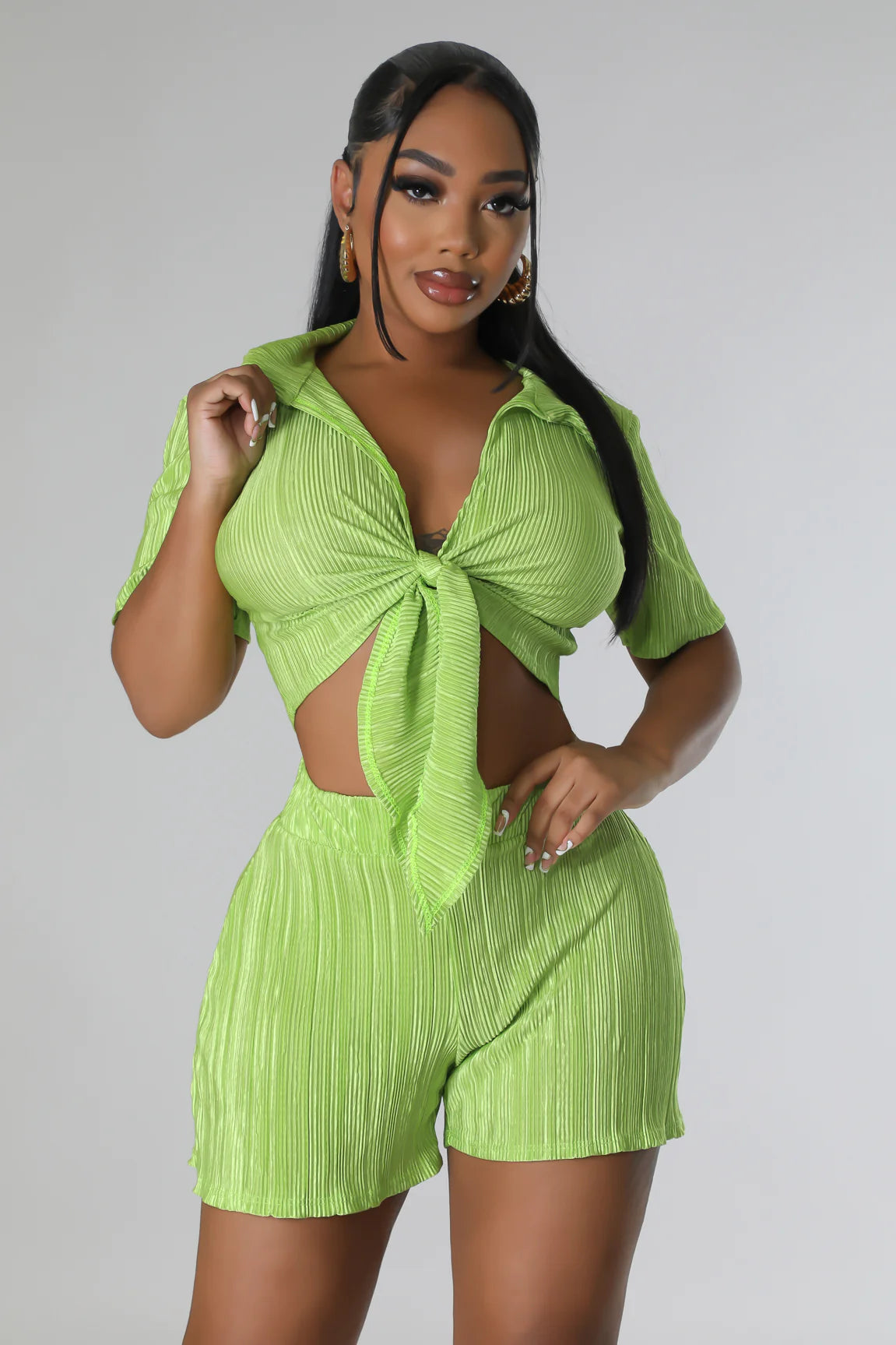 Kiyara Plisse Short Set Lime - Ali’s Couture 