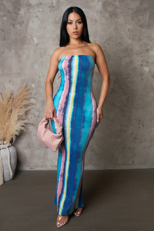 Xenia Strapless Midi Dress Multi Blue - Ali’s Couture 