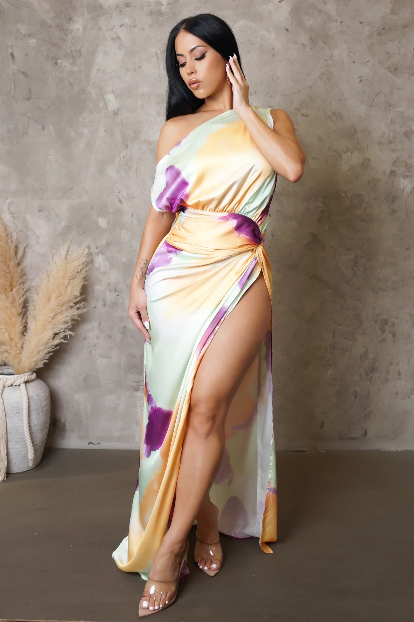 Elsinore Satin One Shoulder Maxi Dress Multi Mint - Ali’s Couture 