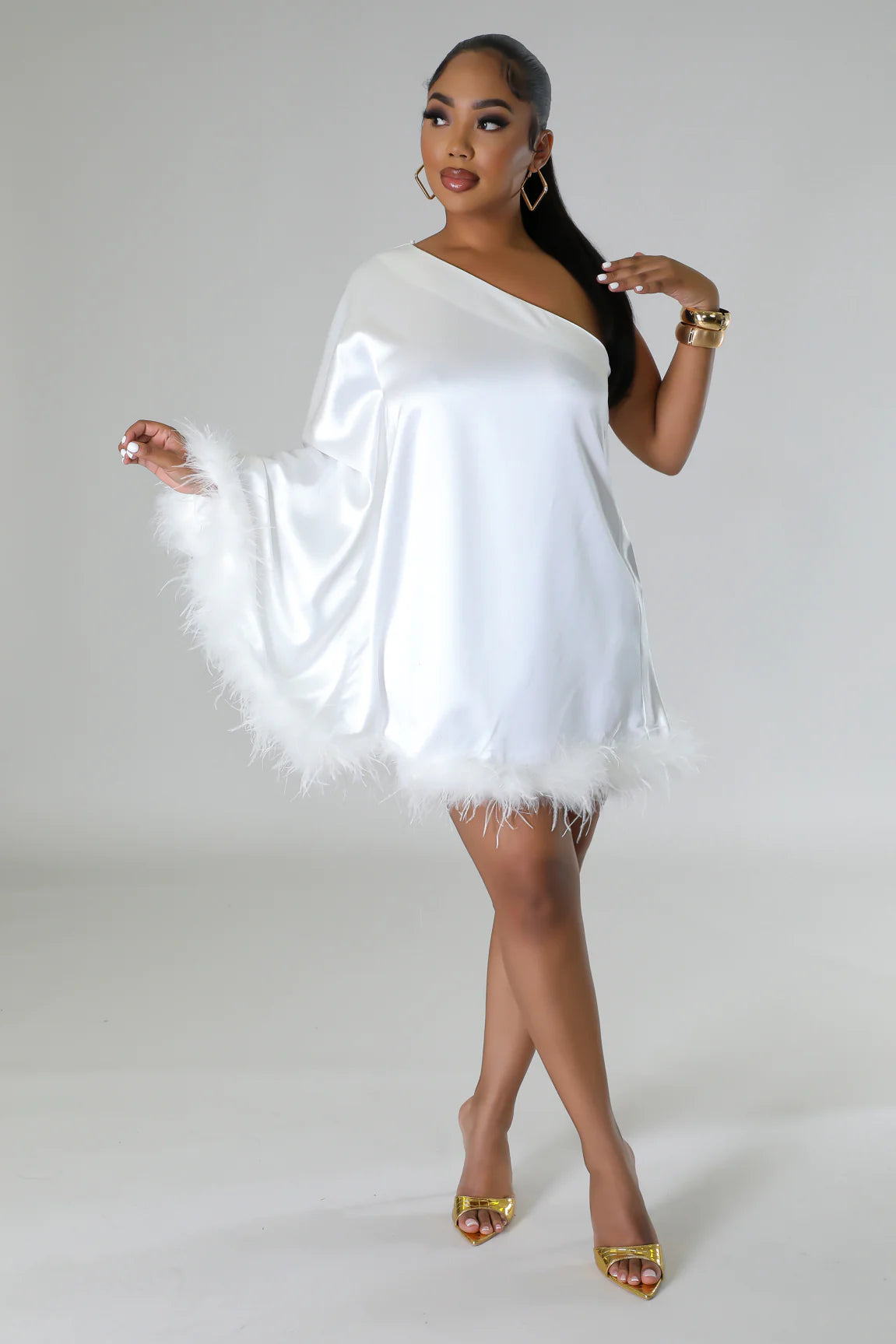 Alana Fur Trim Mini Dress Off White Alana Fur Trim Mini Dress Off White
