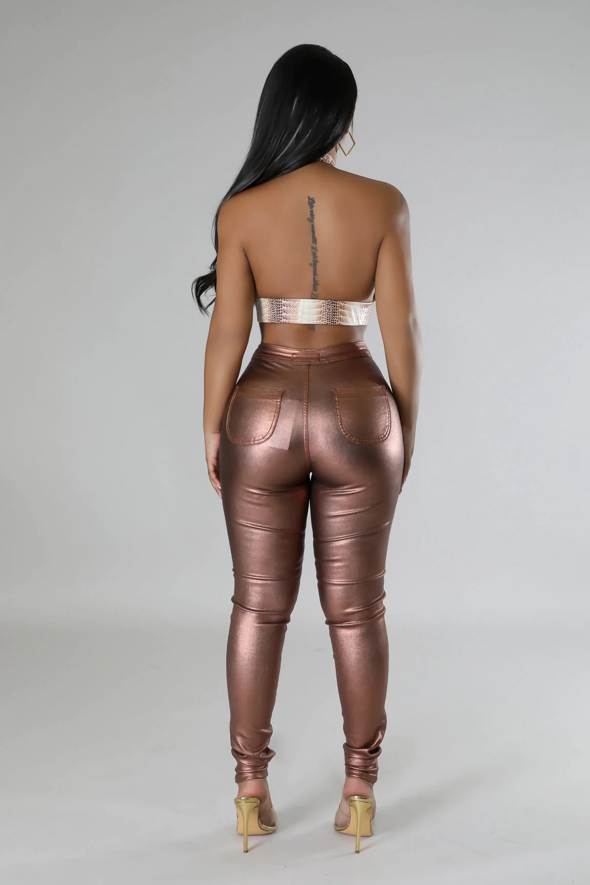 Glitzy Metallic Faux Leather Pants Bronze - Ali’s Couture 