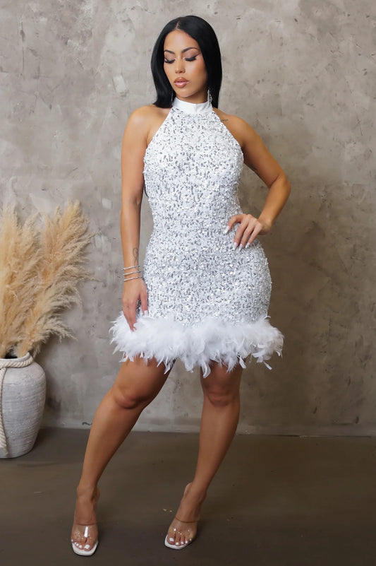 Niari Sequin Feather Hem Mini Dress White - Ali’s Couture 