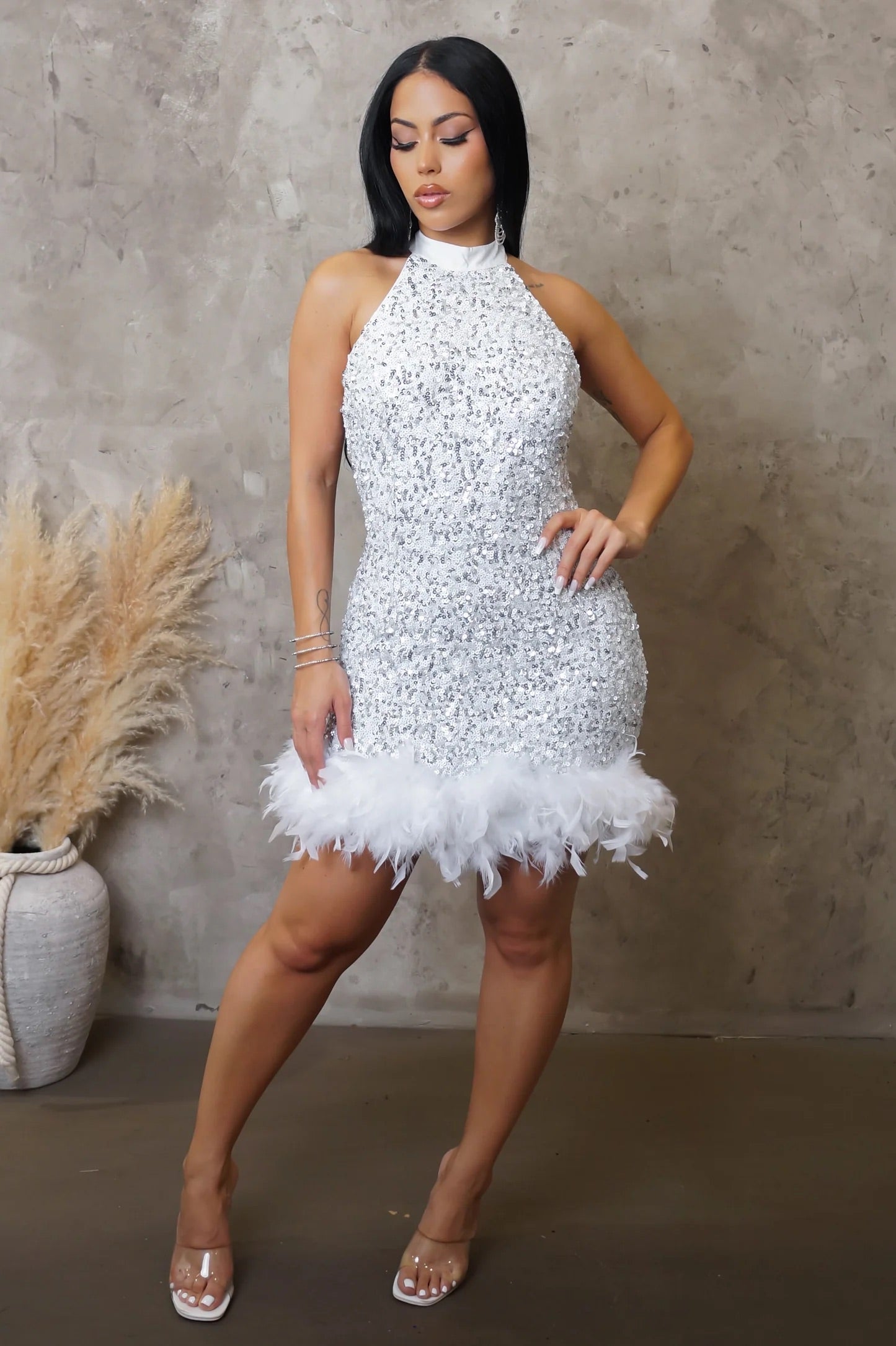 Niari Sequin Feather Hem Mini Dress White Niari Sequin Feather Hem Mini Dress White