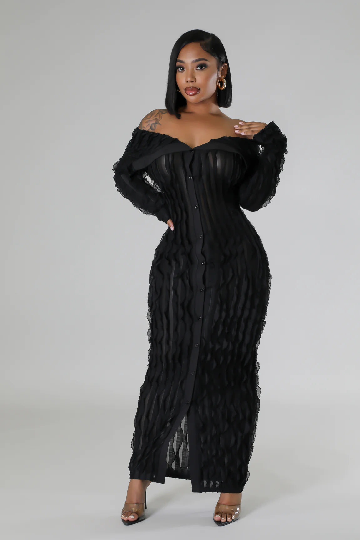 Kaia Sheer Ruffle Midi Dress Black - Ali’s Couture 