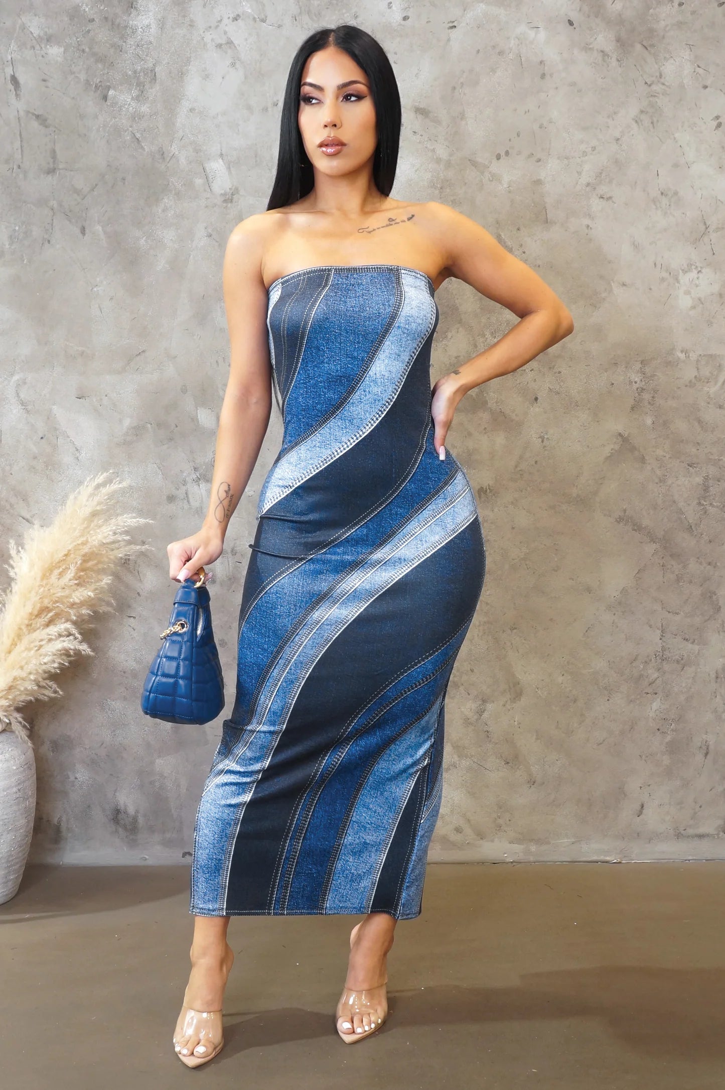 Niven Strapless Denim Print Midi Dress Denim Blue - Ali’s Couture 