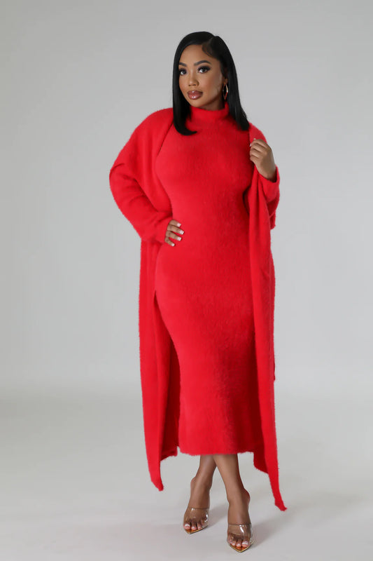 Fuzzy Moments Cardigan Midi Dress Set Red