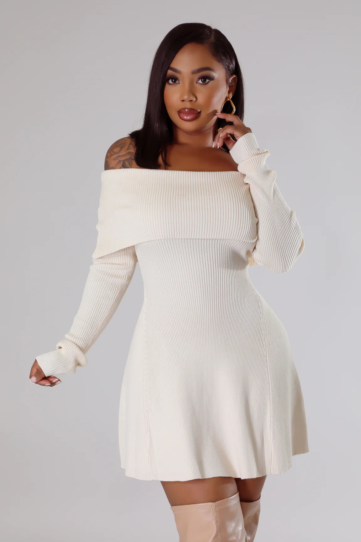 Shyanne Off The Shoulder Knit Mini Dress Cream - Ali’s Couture 