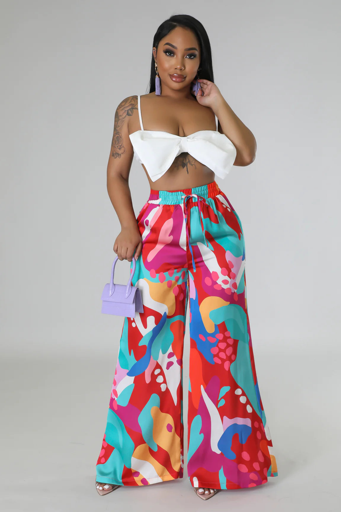 Coral Reef Satin High Waisted Pants Multi Red - Ali’s Couture 