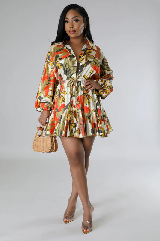 Dupree Silky Leaf Print Mini Dress Multi Orange - Ali’s Couture 